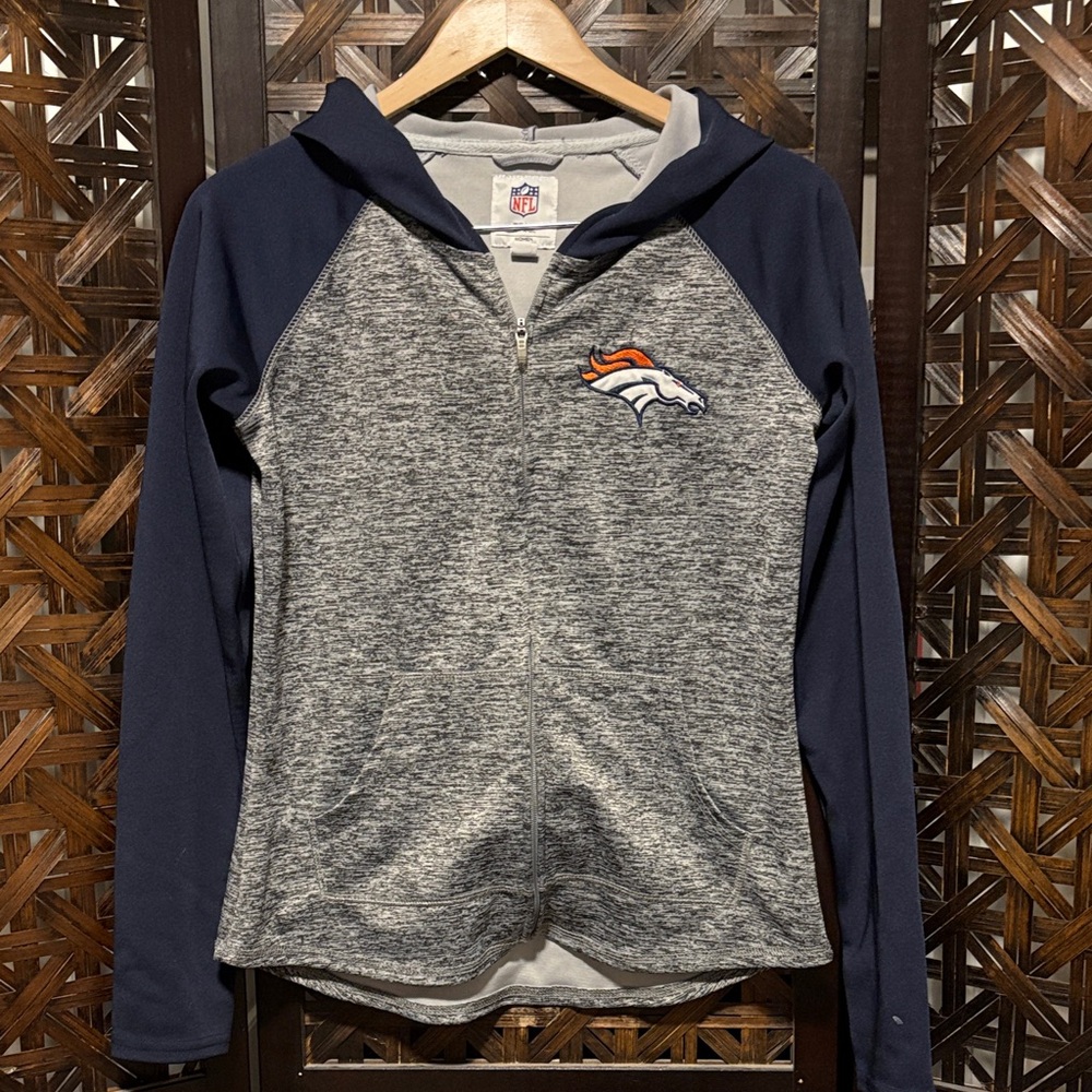 NFL Denver Broncos Gray and Navy Zip Hoodie with Team Logo